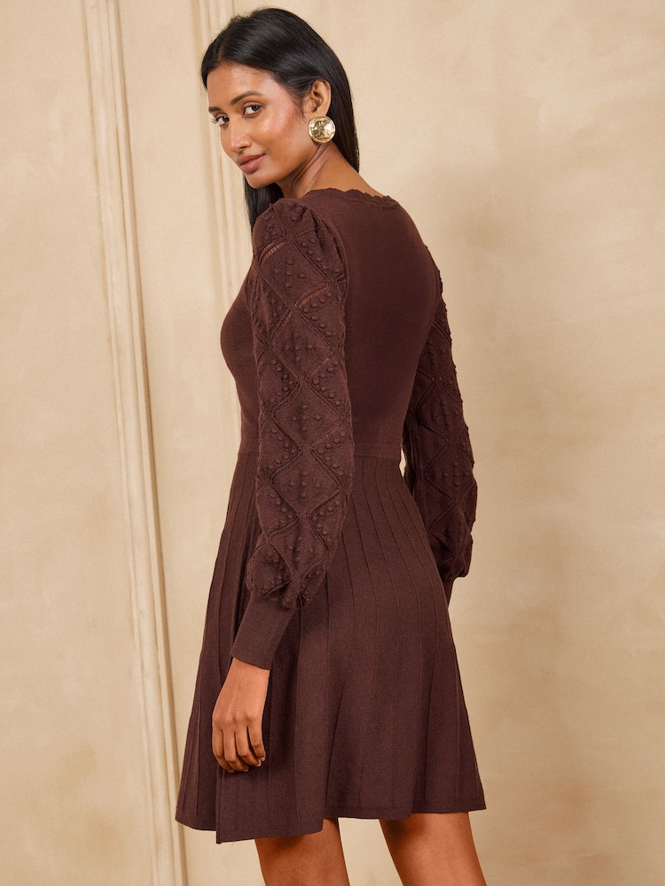 Love & Roses Chocolate Brown Slash Neck Scalloped Knitted Mini Dress - Image 4 of 4