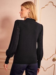 Love & Roses Black Tie Neck Long Sleeve Stitch Detail Knitted Top - Image 4 of 4