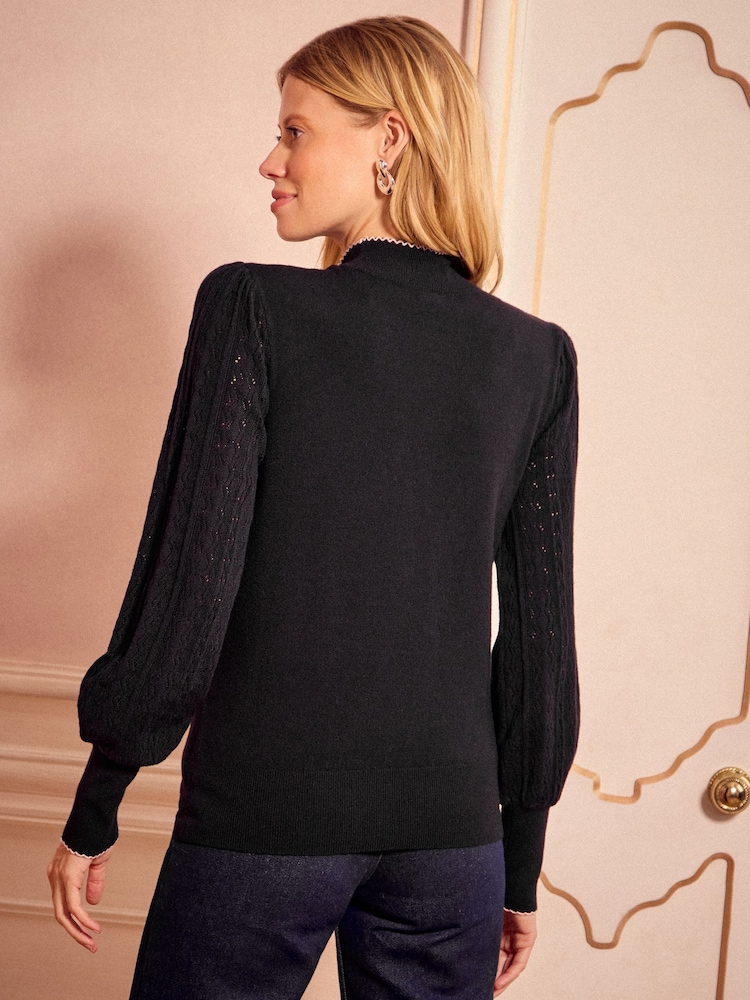 Love & Roses Black Tie Neck Long Sleeve Stitch Detail Knitted Top - Image 4 of 4 Love & Roses Black Tie Neck Long Sleeve Stitch Detail Knitted Top - Image 4 of 4