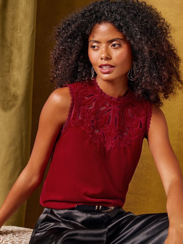 Love & Roses Red Velvet Cutwork Shell Top - Image 1 of 4 Love & Roses Red Velvet Cutwork Shell Top - Image 1 of 4
