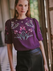 Love & Roses X V&A Purple Floral Embellished Blouse - Image 2 of 4