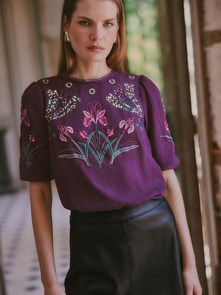 Love & Roses X V&A Purple Floral Embellished Blouse - Image 2 of 4 Love & Roses X V&A Purple Floral Embellished Blouse - Image 2 of 4