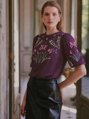 Love & Roses X V&A Purple Floral Embellished Blouse - Image 4 of 4