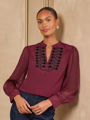 Love & Roses Burgundy Red Knot Fastening Long Sleeve Blouse - Image 1 of 5