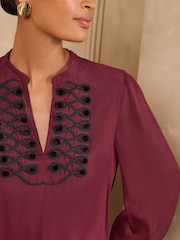 Love & Roses Burgundy Red Knot Fastening Long Sleeve Blouse - Image 2 of 5