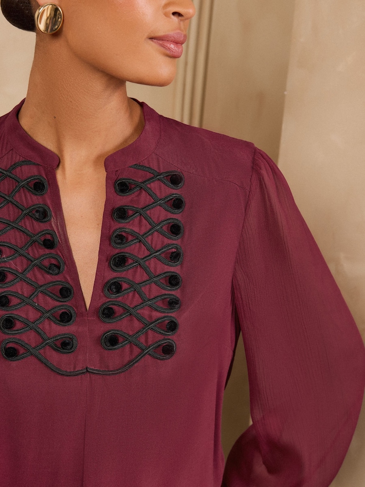 Love & Roses Burgundy Red Knot Fastening Long Sleeve Blouse - Image 2 of 5