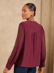 Love & Roses Burgundy Red Knot Fastening Long Sleeve Blouse - Image 4 of 5