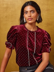 Love & Roses Burgundy Red Velvet Diamante Detail Bow Puff Sleeve Top - Image 1 of 5
