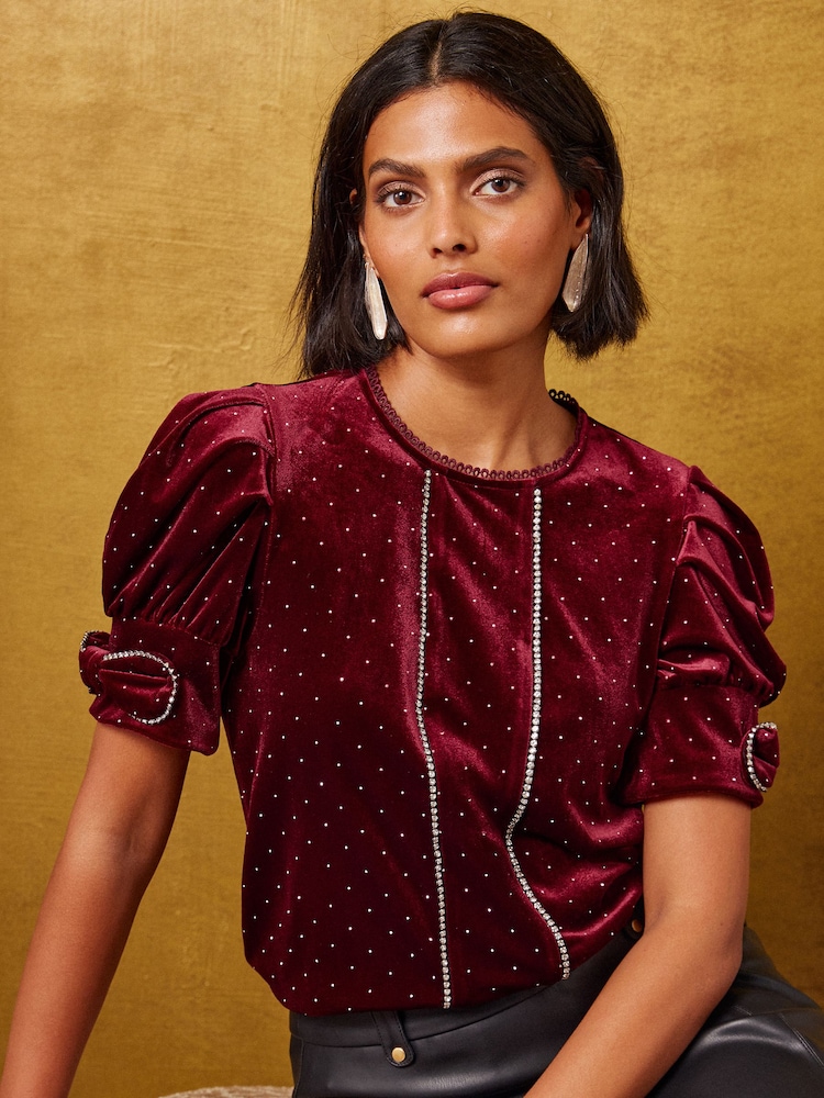 Love & Roses Burgundy Red Velvet Diamante Detail Bow Puff Sleeve Top - Image 1 of 5