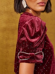 Love & Roses Burgundy Red Velvet Diamante Detail Bow Puff Sleeve Top - Image 2 of 5