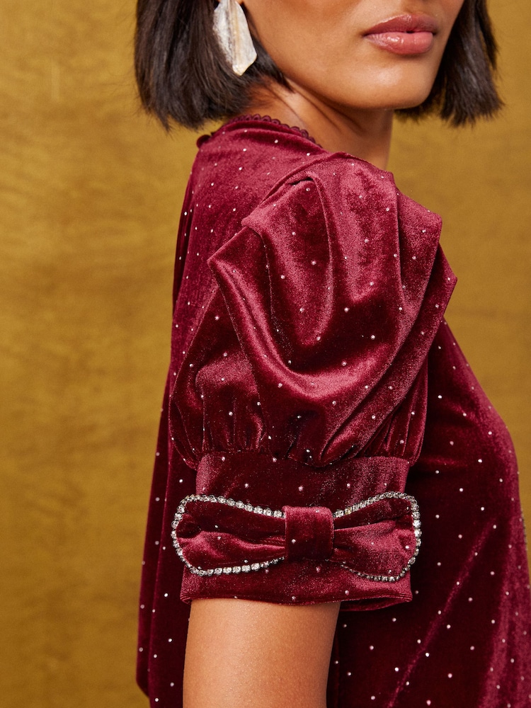 Love & Roses Burgundy Red Velvet Diamante Detail Bow Puff Sleeve Top - Image 2 of 5