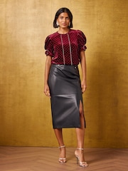 Love & Roses Burgundy Red Velvet Diamante Detail Bow Puff Sleeve Top - Image 3 of 5