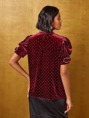 Love & Roses Burgundy Red Velvet Diamante Detail Bow Puff Sleeve Top - Image 4 of 5