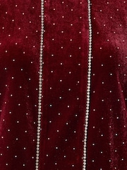 Love & Roses Burgundy Red Velvet Diamante Detail Bow Puff Sleeve Top - Image 5 of 5