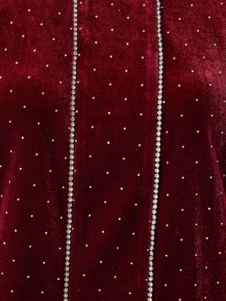 Love & Roses Burgundy Red Velvet Diamante Detail Bow Puff Sleeve Top - Image 5 of 5
