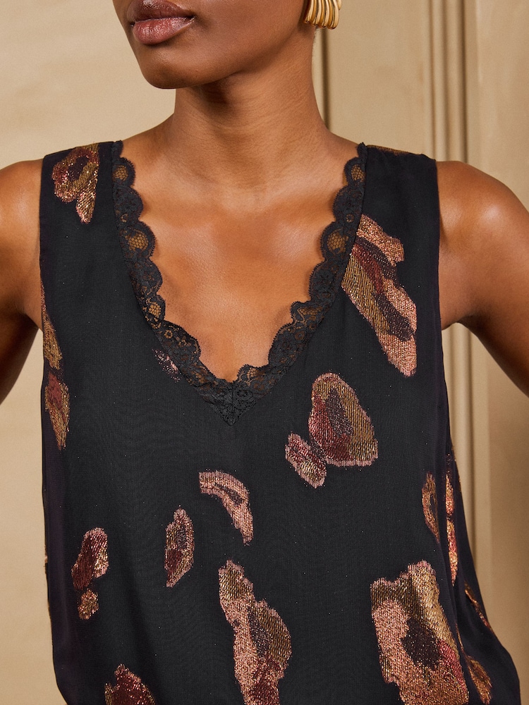 Love & Roses Navy Blue Animal Jacquard Lace Trim V-Neck Vest - Image 2 of 5