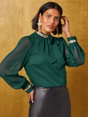 Love & Roses Green Sequin Trim Long Sleeve Pussybow Blouse - Image 1 of 5