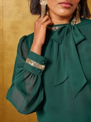Love & Roses Green Sequin Trim Long Sleeve Pussybow Blouse - Image 2 of 5