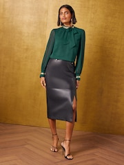 Love & Roses Green Sequin Trim Long Sleeve Pussybow Blouse - Image 3 of 5