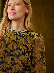 Love & Roses Ochre Yellow Velvet Devore Embellished Crew Neck Long Sleeve Blouse - Image 3 of 4