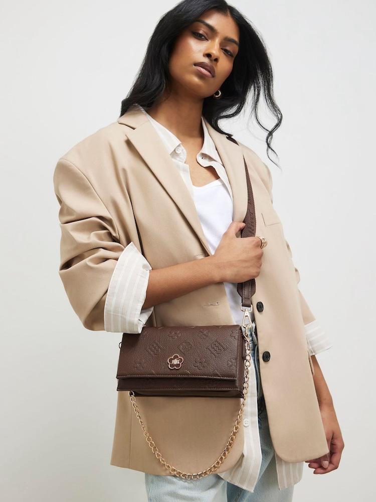 River Island Brown Embossed Monogram Flapover Cross-Body Bag - Image 1 of 6