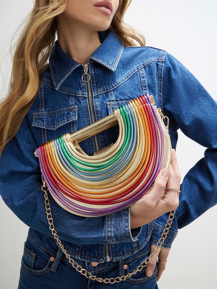 River Island Gold Rainbow Tube Grab Bag with Chain - Image 1 of 6 River Island Gold Rainbow Tube Grab Bag with Chain - Image 1 of 6