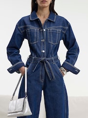 River Island Blue Denim Utility Belted Barrel Jumpsuit - Image 2 of 4