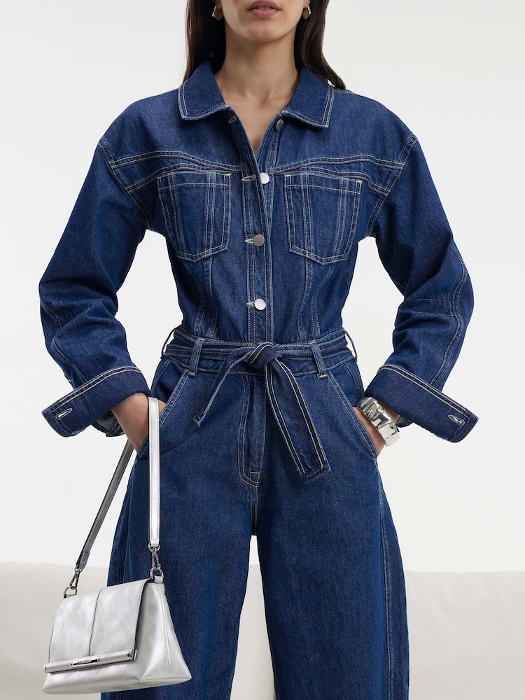 River Island Blue Denim Utility Belted Barrel Jumpsuit - Image 2 of 4