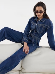 River Island Blue Denim Utility Belted Barrel Jumpsuit - Image 3 of 4
