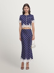 Self-Portrait Blue Navy Polka Dot Satin Midi Skirt - Image 1 of 5