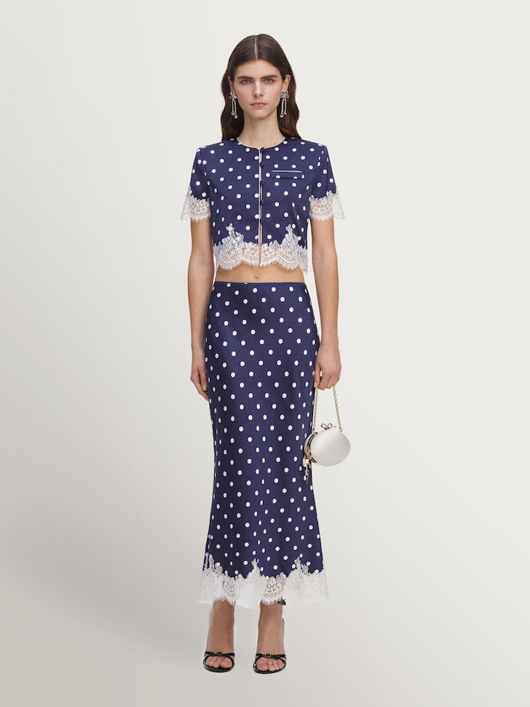 Self-Portrait Blue Navy Polka Dot Satin Midi Skirt - Image 1 of 5