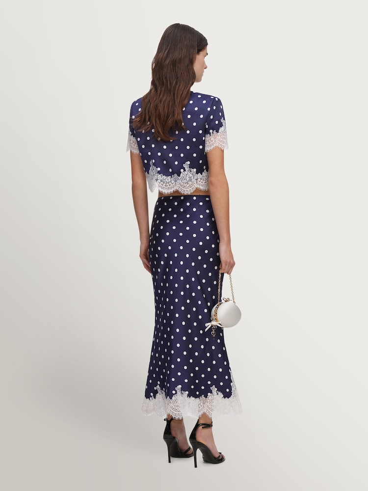Self-Portrait Blue Navy Polka Dot Satin Midi Skirt - Image 2 of 5
