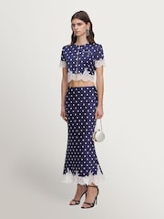 Self-Portrait Blue Navy Polka Dot Satin Midi Skirt - Image 4 of 5