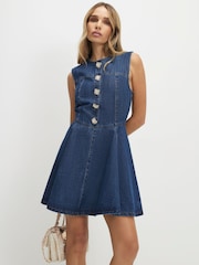River Island Blue Denim Embroidered Button Detail Mini Dress - Image 1 of 4