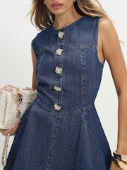 River Island Blue Denim Embroidered Button Detail Mini Dress - Image 3 of 4