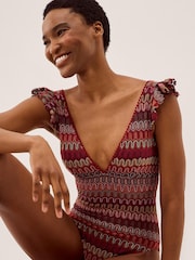 Monsoon Red Zaria Plunge Crochet Ruffle Swimsuit - Image 1 of 3