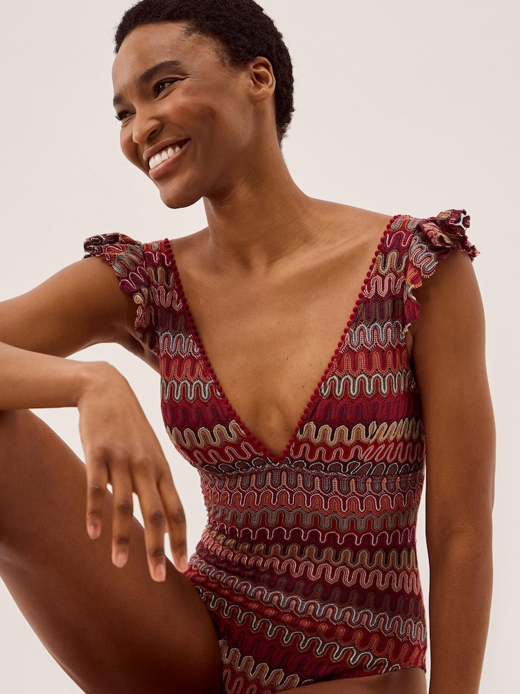 Monsoon Red Zaria Plunge Crochet Ruffle Swimsuit - Image 1 of 3
