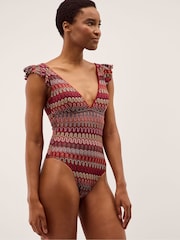 Monsoon Red Zaria Plunge Crochet Ruffle Swimsuit - Image 2 of 3