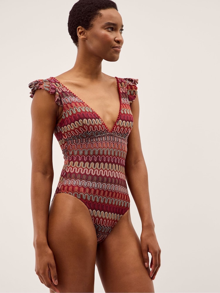 Monsoon Red Zaria Plunge Crochet Ruffle Swimsuit - Image 2 of 3