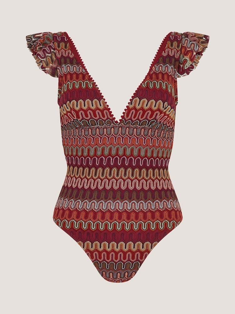 Monsoon Red Zaria Plunge Crochet Ruffle Swimsuit - Image 3 of 3