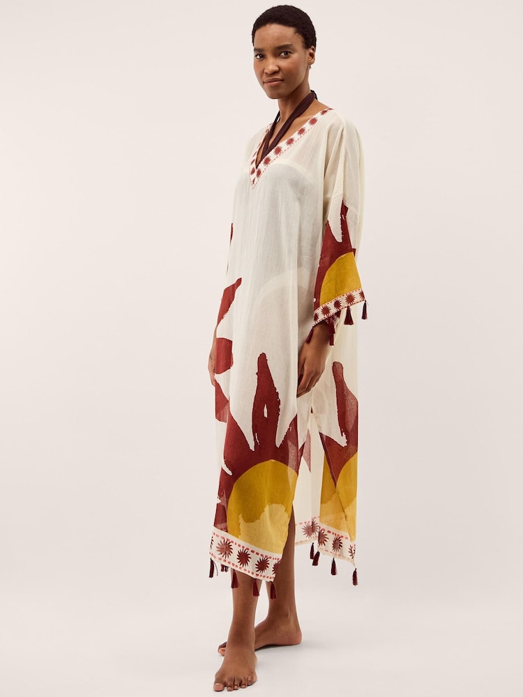 Monsoon Natural Anissa Sun Print Midi Kaftan - Image 1 of 3 Monsoon Natural Anissa Sun Print Midi Kaftan - Image 1 of 3