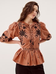 Monsoon Freya Embroidered Puff Sleeve Top - Imaginea 1 din 5