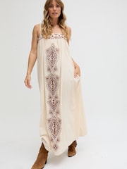 Raffya Cream Sapphire Spaghetti Strap Embroidered Maxi Dress - Image 1 of 4