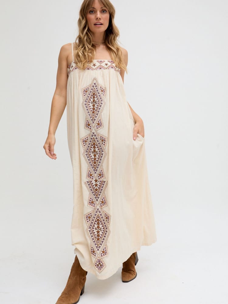 Raffya Cream Sapphire Spaghetti Strap Embroidered Maxi Dress - Image 1 of 4