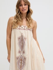 Raffya Cream Sapphire Spaghetti Strap Embroidered Maxi Dress - Image 3 of 4