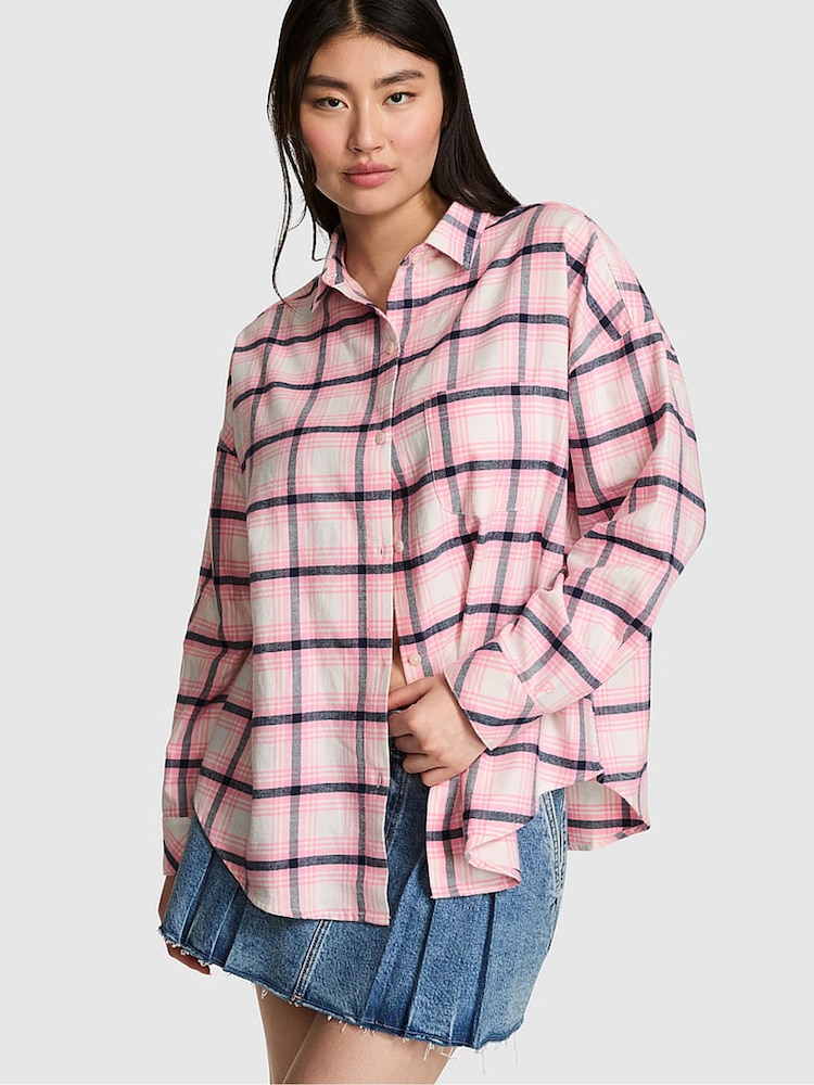 Victoria's Secret Pink Pink Tartan Flannel Pyjama Top - Image 1 of 2