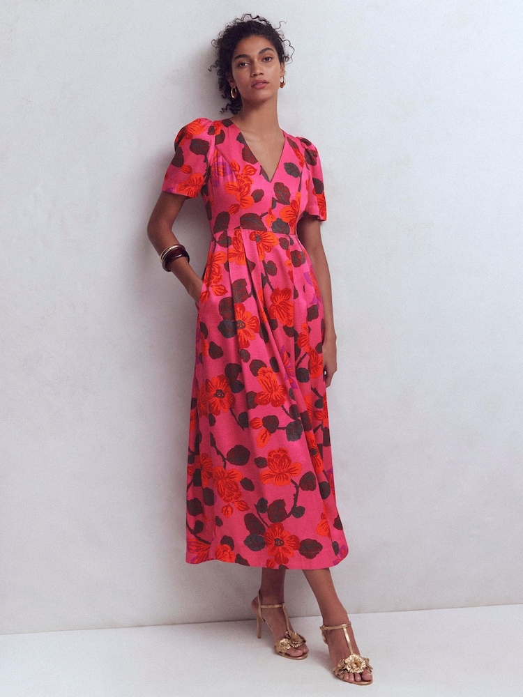 Boden Pink Pleat V-Neck Silk Dress - Image 1 of 6
