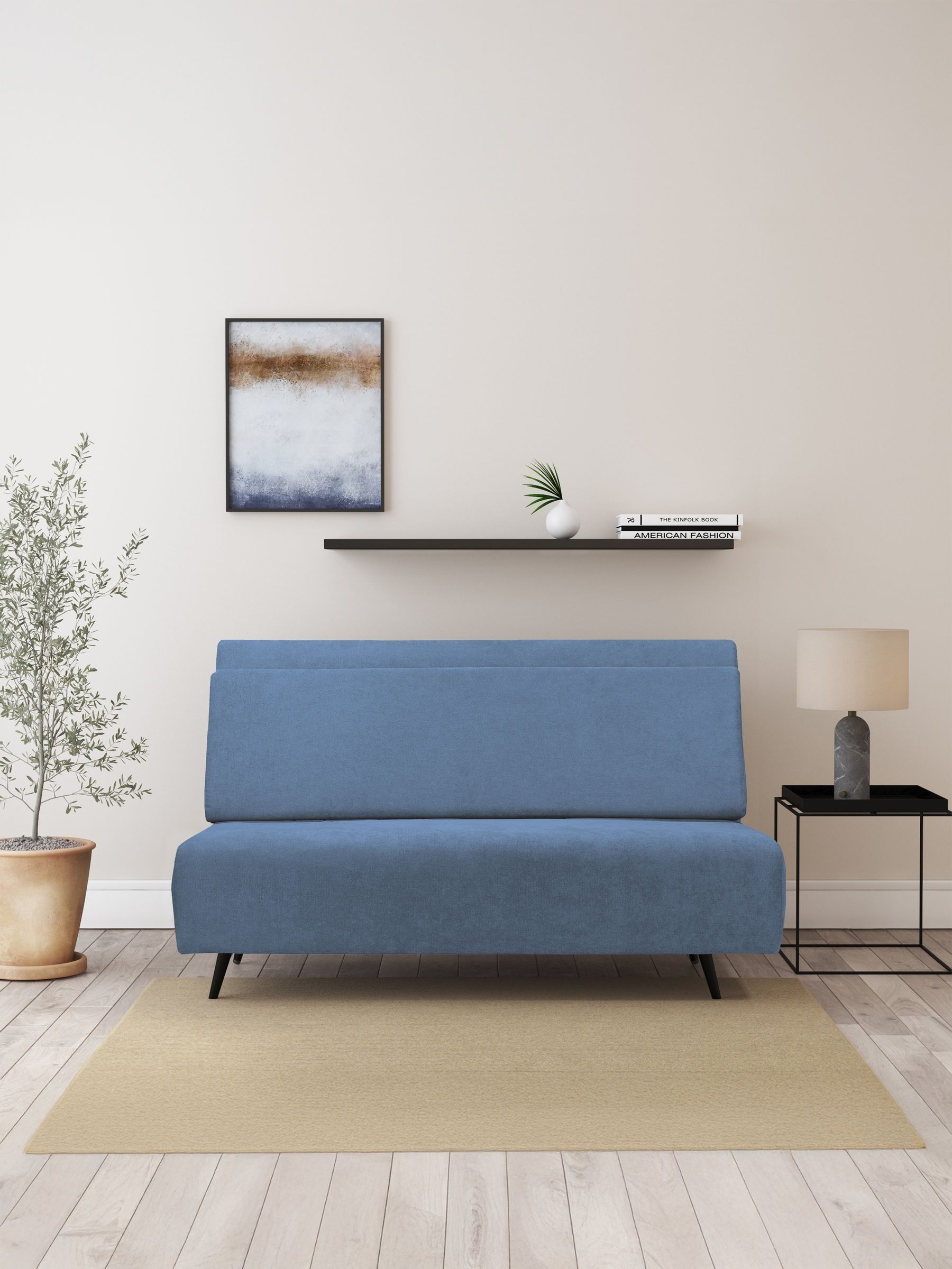 Mallory Sofa Bed in Blue Linen Look, 140 x 94 x 87cm (W x D x H) - Image 5