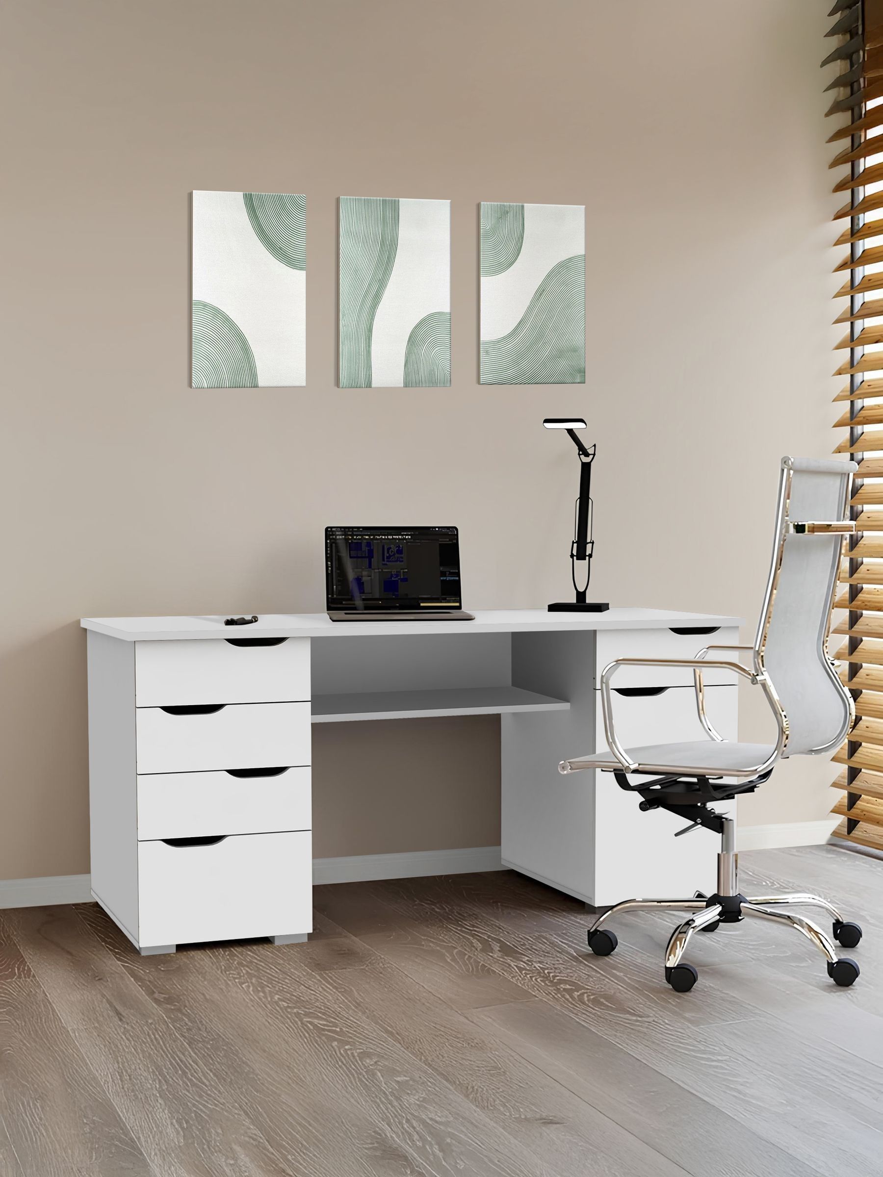 B&Q - Dorel Home Kentucky Desk With 1 Door And 5 DrawersMat White Effect - Image 3
