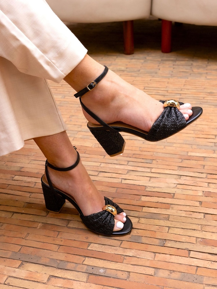 Novo Black Leighton Block Heel Raffia Hardware Two Part Sandals - Image 1 of 6